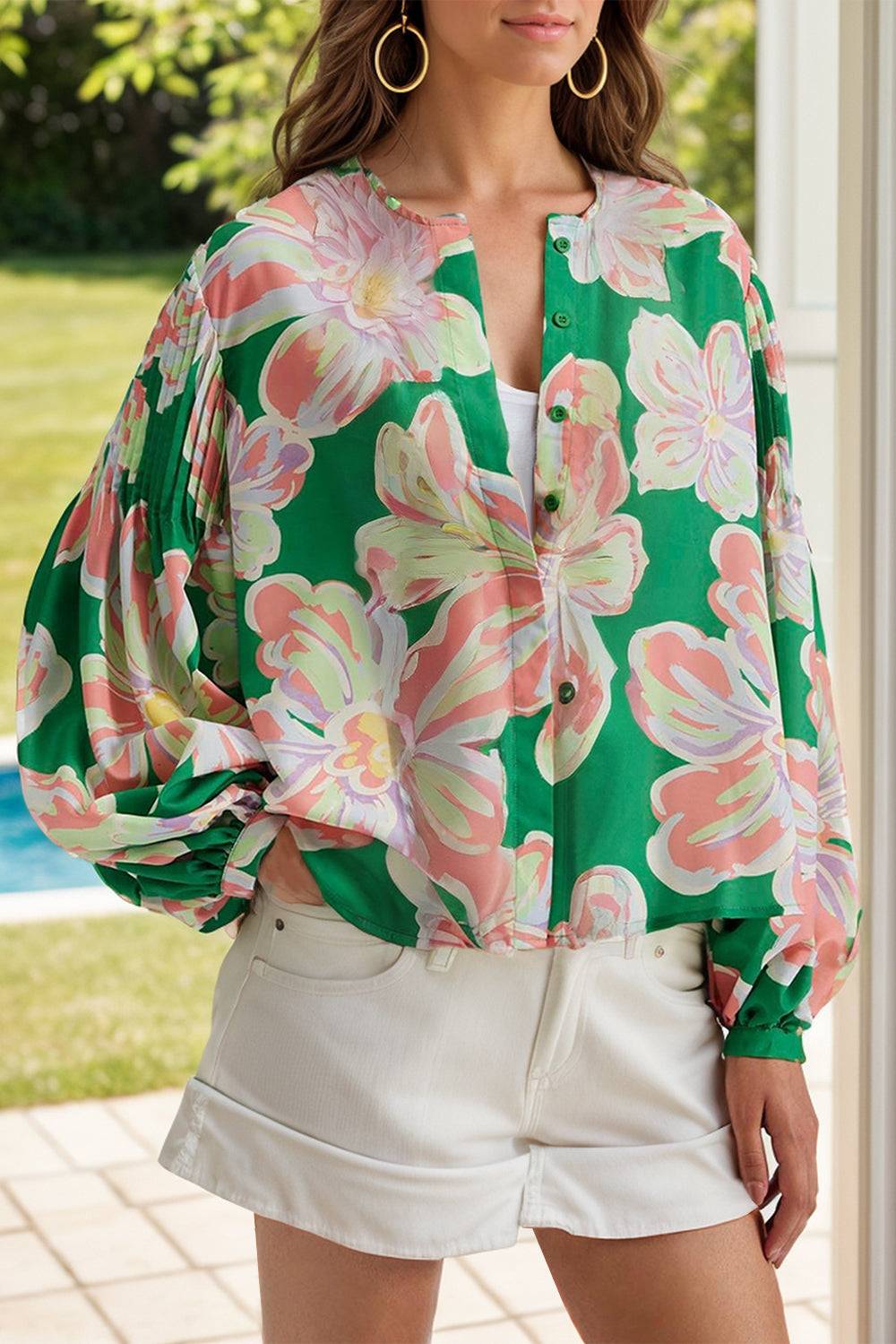 Floral Pleated Puff Sleeve Shirt