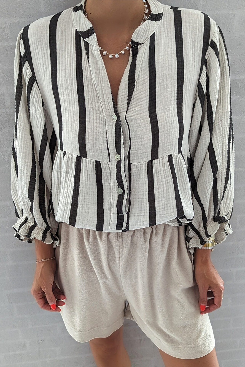 Black Stripe Crinckled Ruffled Sleeve Button up Loose Shirt