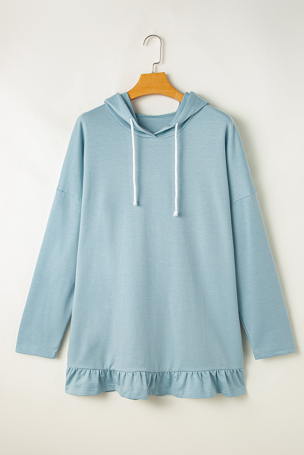 Iceland Blue Solid Ruffled Hem Loose Fit Tunic Hoodie