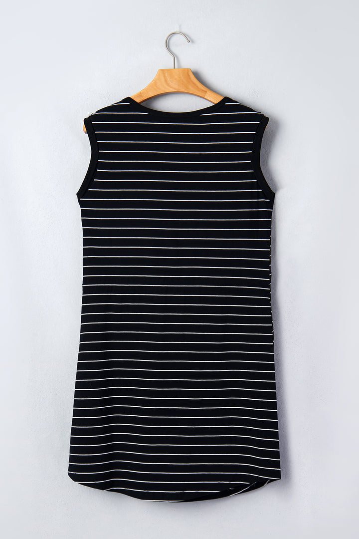 Black Stripe Drawstring Tunic Tank Mini Dress with Pockets