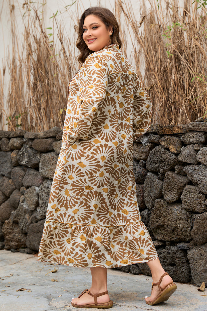 Khaki Abstract Plant Print Loose Plus Size Long Dress