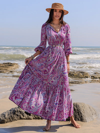 Printed Tie Neck Balloon Sleeve Maxi Dress