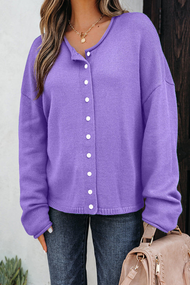 Wisteria Solid Color Knit Button Drop Shoulder Sweater Cardigan