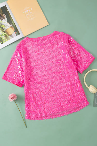 Bright Pink Sequin Round Neck Half Sleeve Top