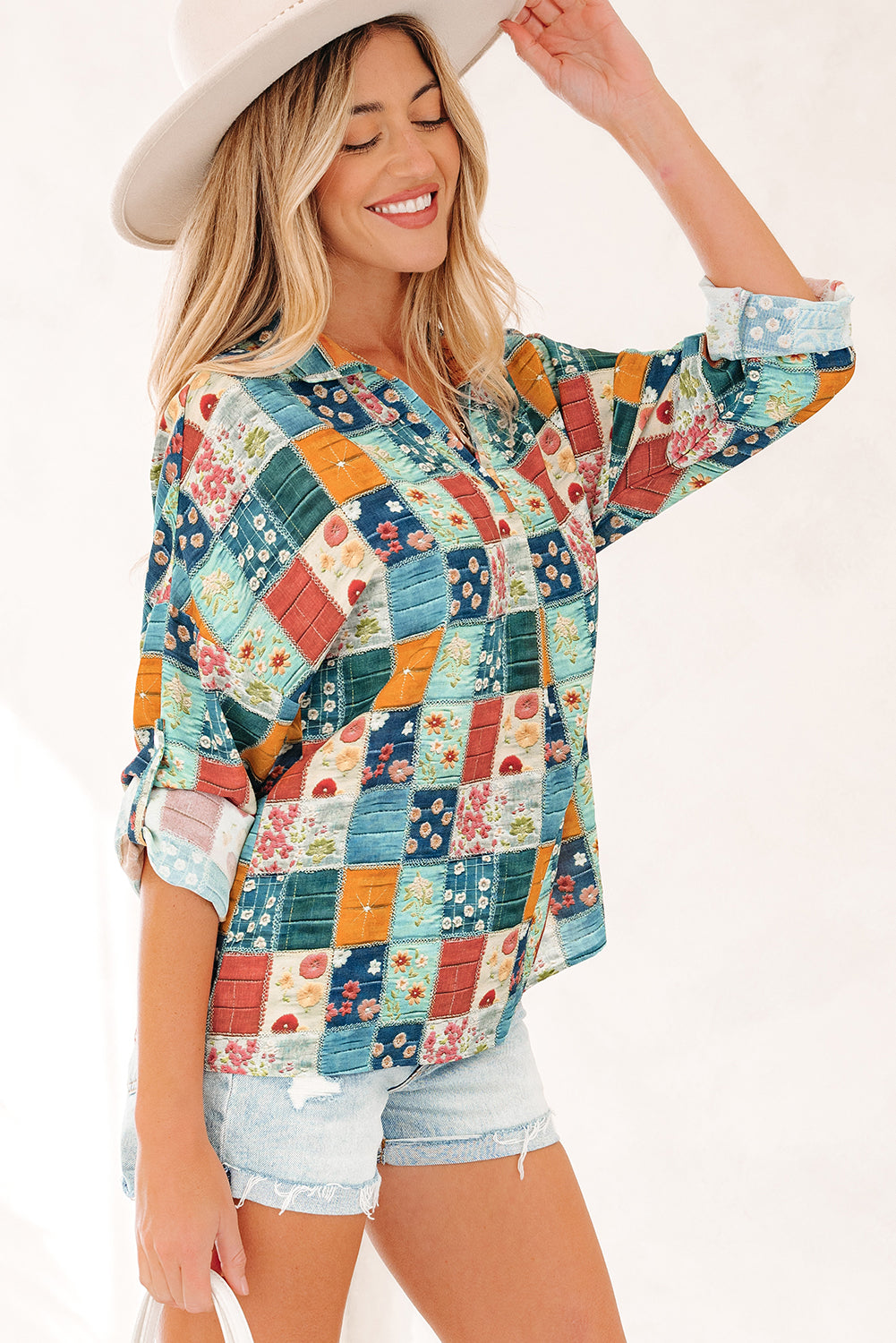 Blue Floral Collared V Neck Roll up Sleeve Shift Blouse
