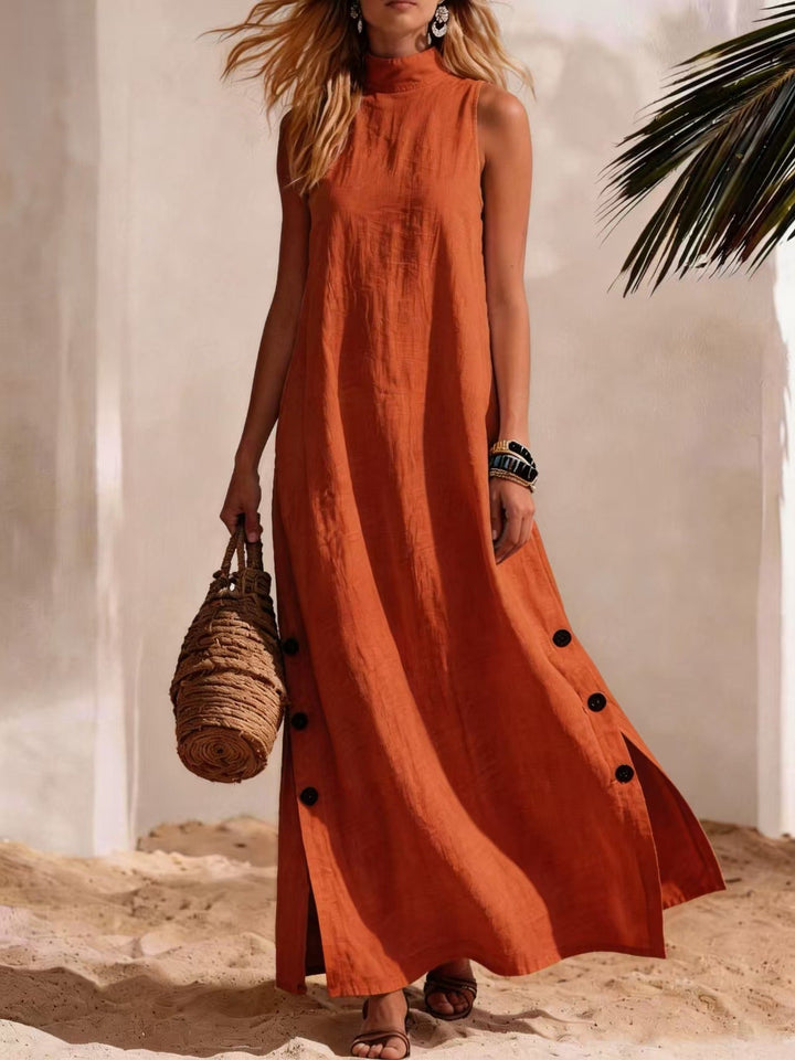 Cotton Linen Sleeveless Midi Dress – Side Slits &amp; Loose Fit