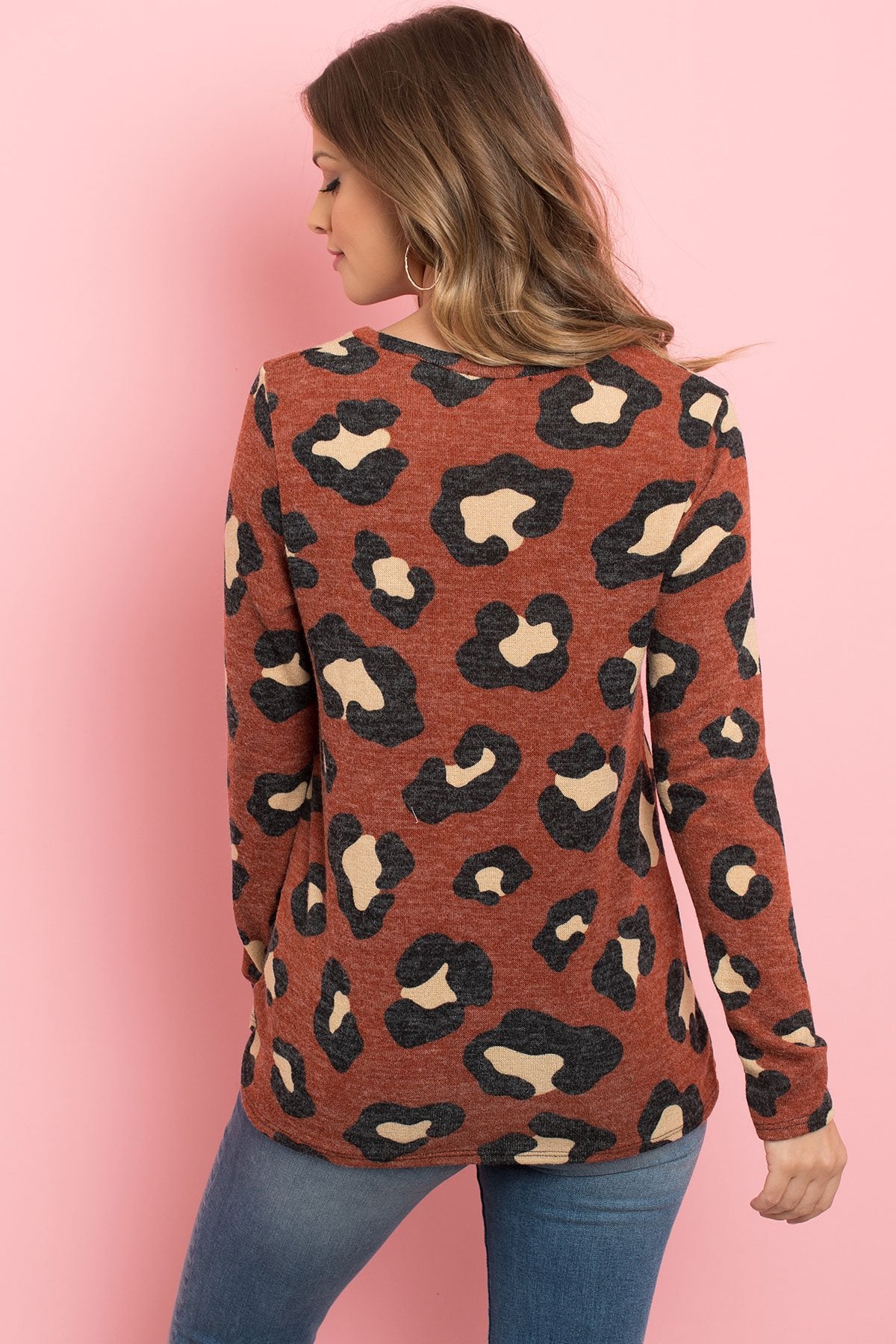 Long Sleeve Round Neck Leopard Knot Top