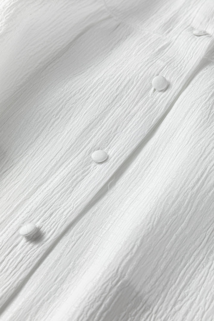 White Crinkled Texture Lantern Sleeve Button Down Loose Shirt