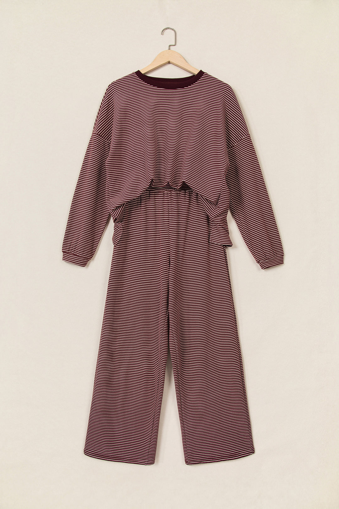 Brown Stripe Contrast Trim Round Neck Oversize Long Sleeve Top 2pcs Pant Set
