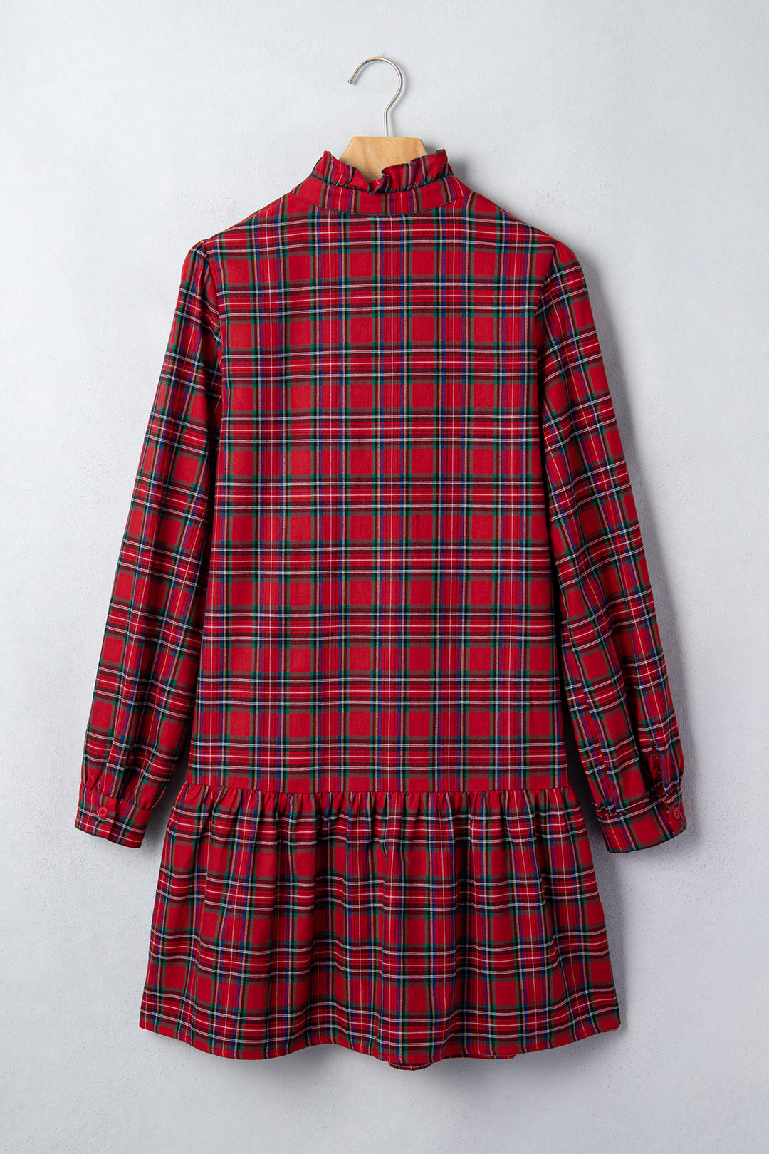 Red Plaid Long Sleeve Mini Shift Silhouette Decoration Dress