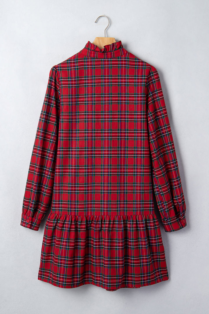 Red Plaid Long Sleeve Mini Shift Silhouette Decoration Dress