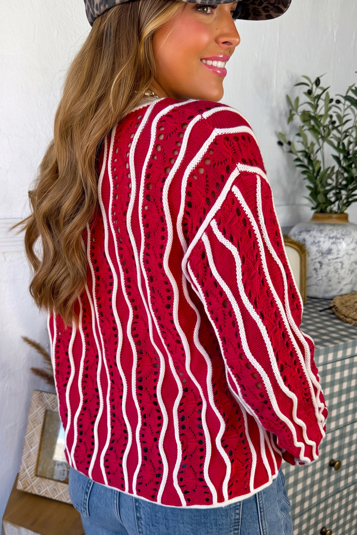 Racing Red Wavy Detail Hollow Out Knit Long Sleeve Cotton Pullover Sweater
