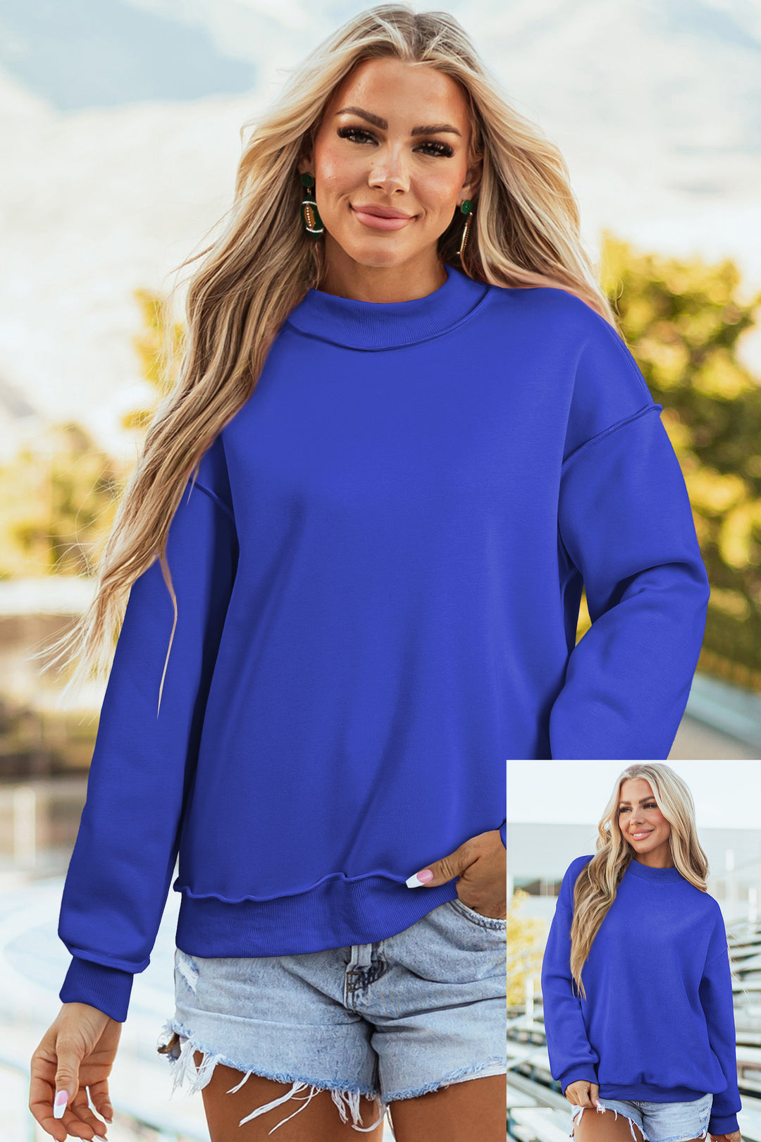Black Oversize Drop Shoulder Reversible Mock Neck Sweatshirt