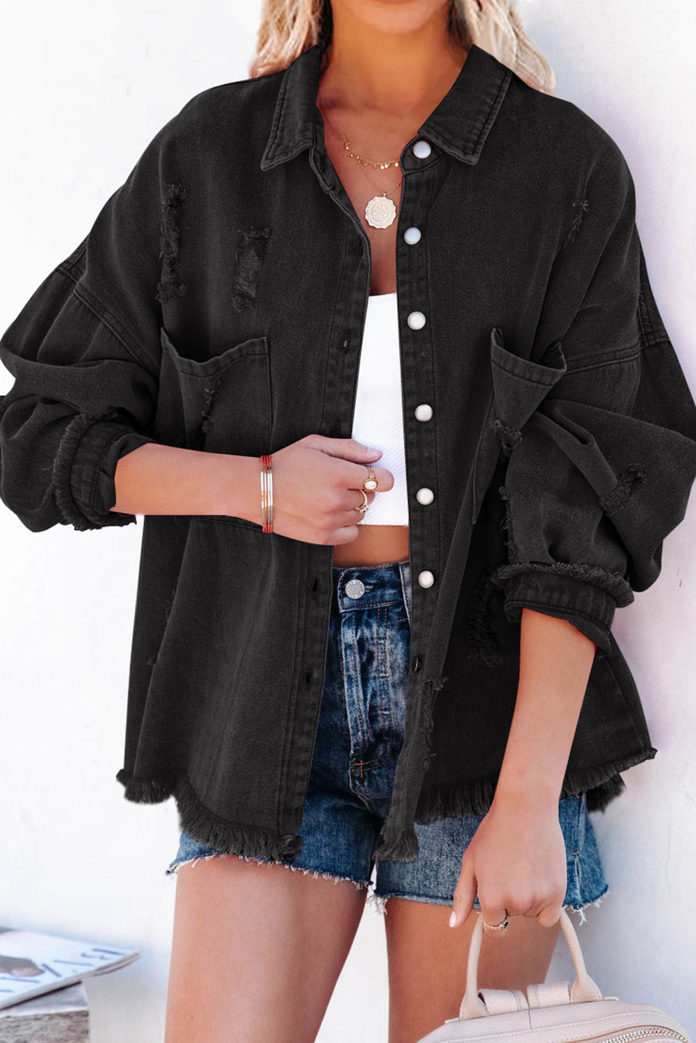 Orange Distressed Fringe Trim Denim Jacket