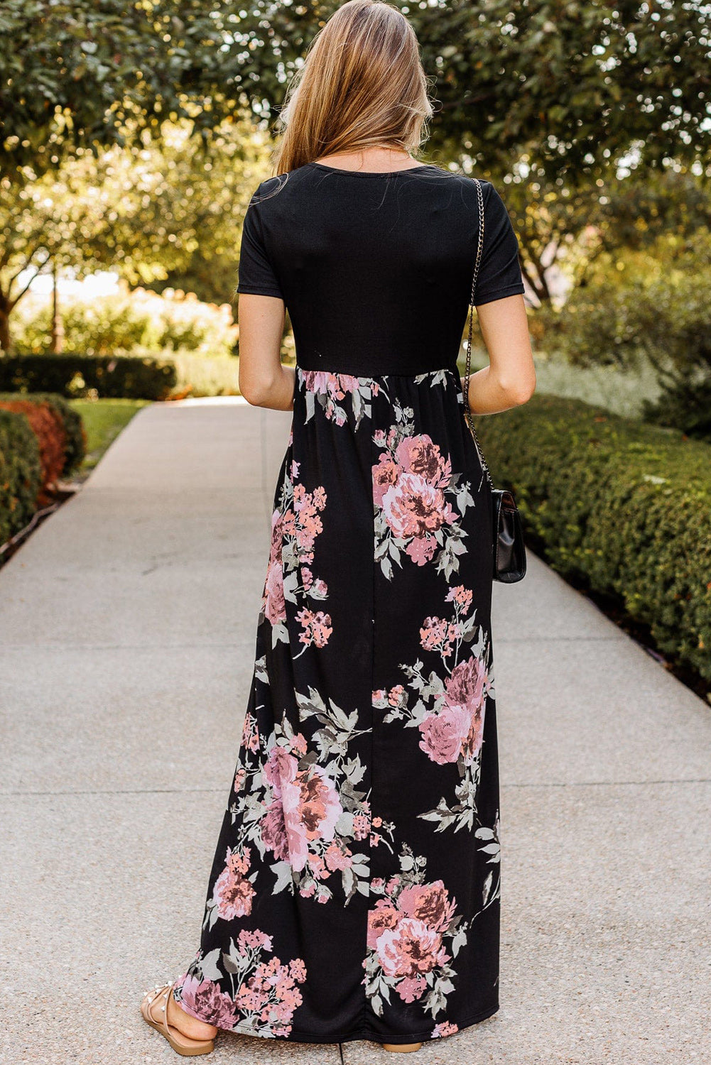 Black Contrast Floral Empire Waist Maxi Dress