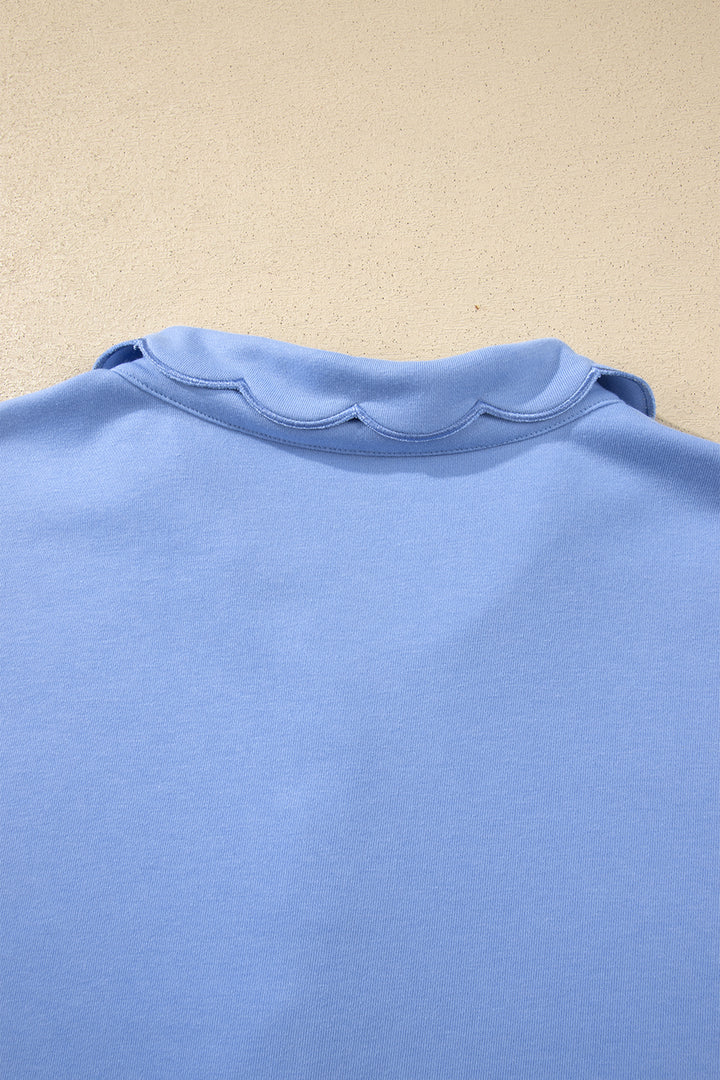 Beau Blue Plus Size Solid Scalloped Hem Button Neck Pullover Mini Dress