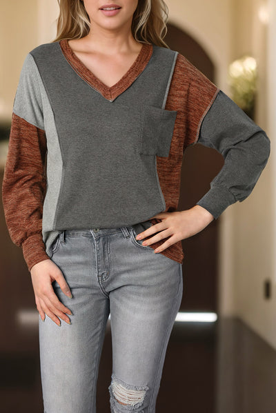 Brown V Neck Color Block Patchwork Loose Pullover