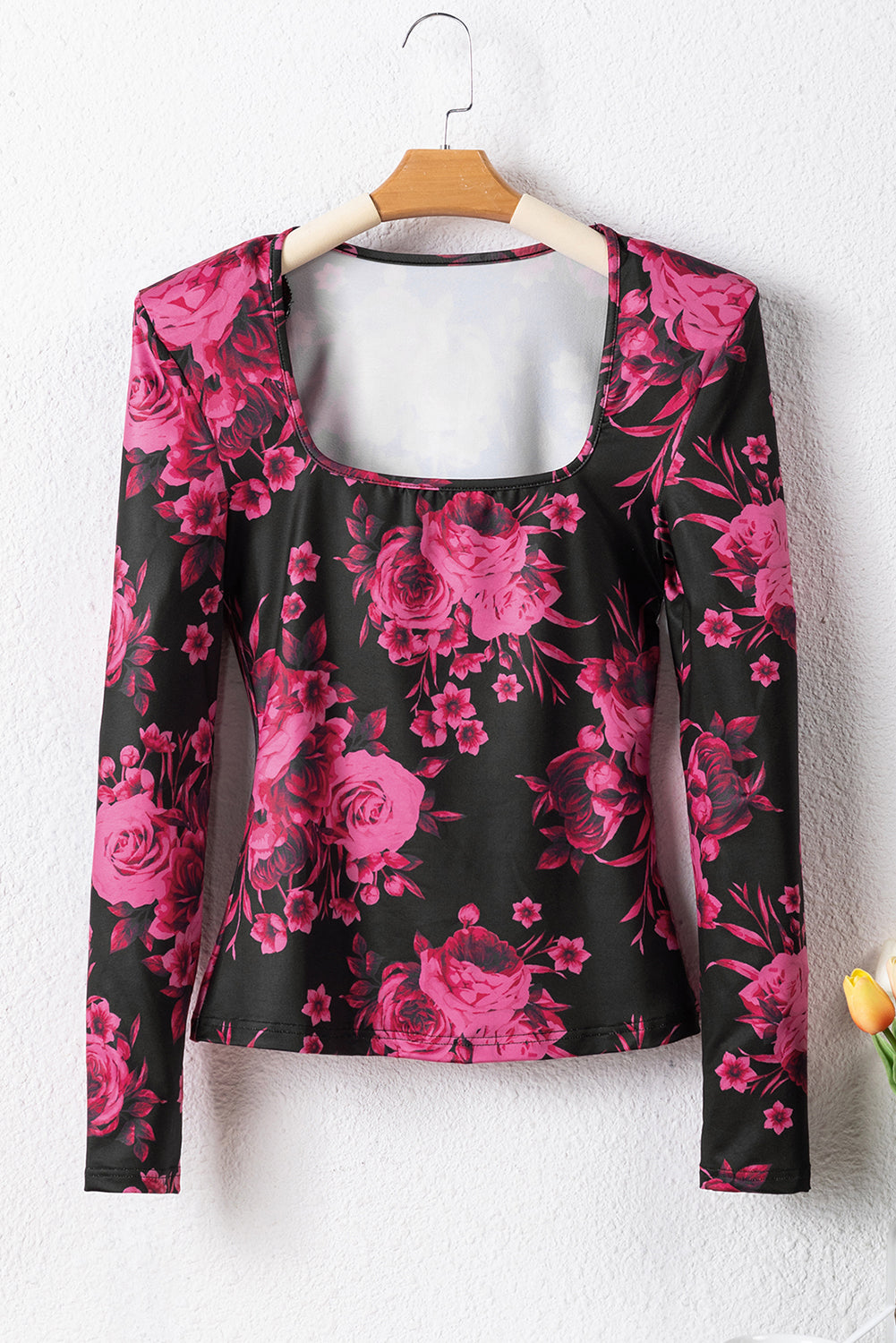 Rose Red Floral Print Shoulder Pad Long Sleeve Square Neck Top