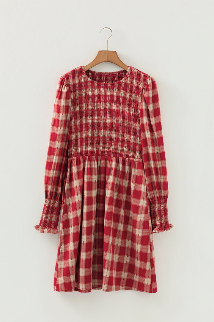 Red Plaid Print Smocked Puff Sleeve Mini Dress