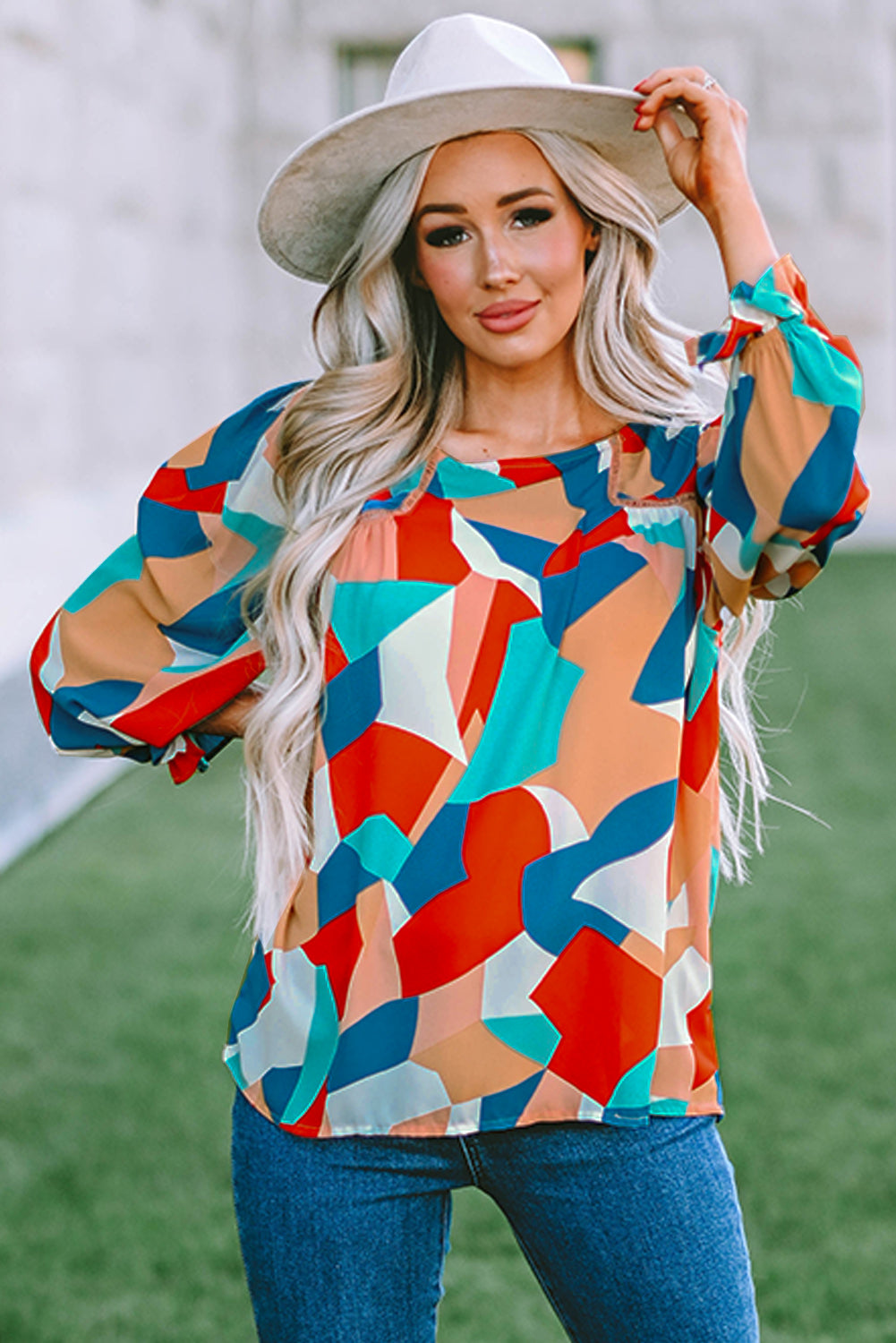 Multicolor Abstract Pattern Crewneck Ruffled Puff Sleeve Blouse