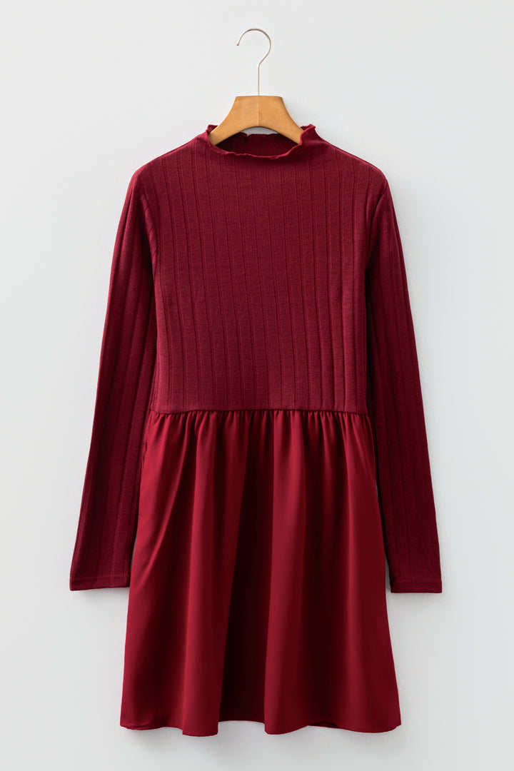 Red Dahlia Frilled Neck Ribbed Knit Patchwork Long Sleeve Mini Dress