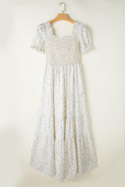 White Frilly Shirred Bodice Tiered Floral Maxi Dress