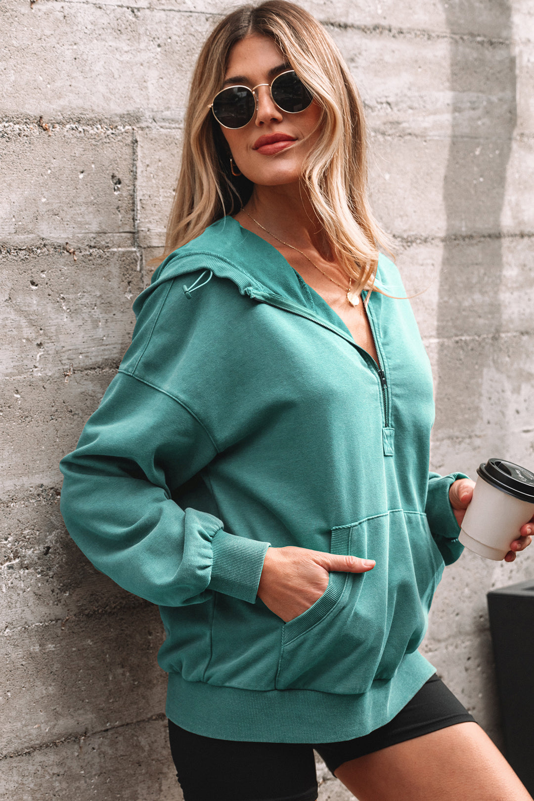 Canton Half Zip Kangaroo Pocket Mineral Wash Baggy Hoodie