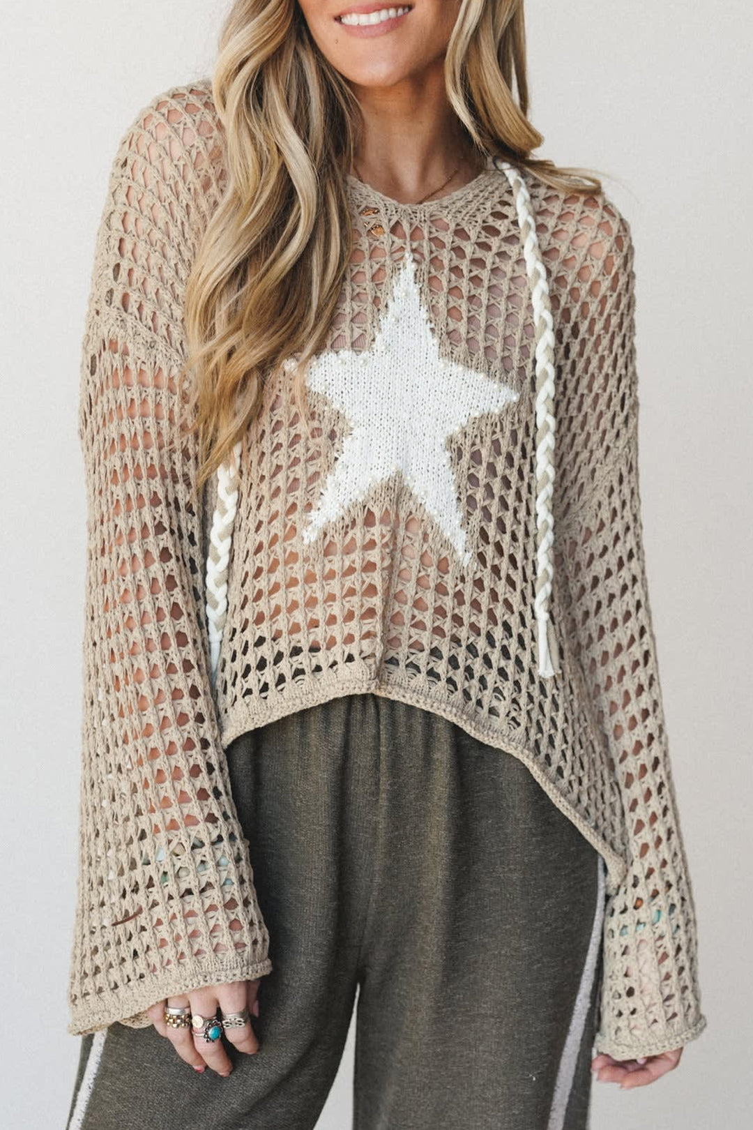 Sage Green Star Pattern Crochet Hooded Drawstring Sweater