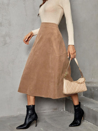 Solid High Waist Midi Skirt