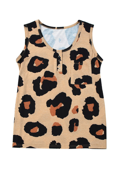 Leopard Button Neck Chest Pocket Tank Top