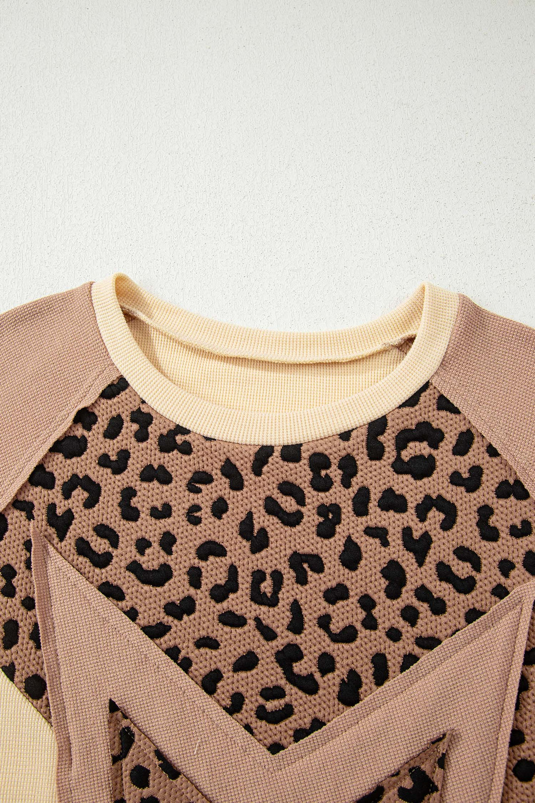 Light French Beige Leopard Star Color Block Patchwork Textured Baggy Sweatshirt