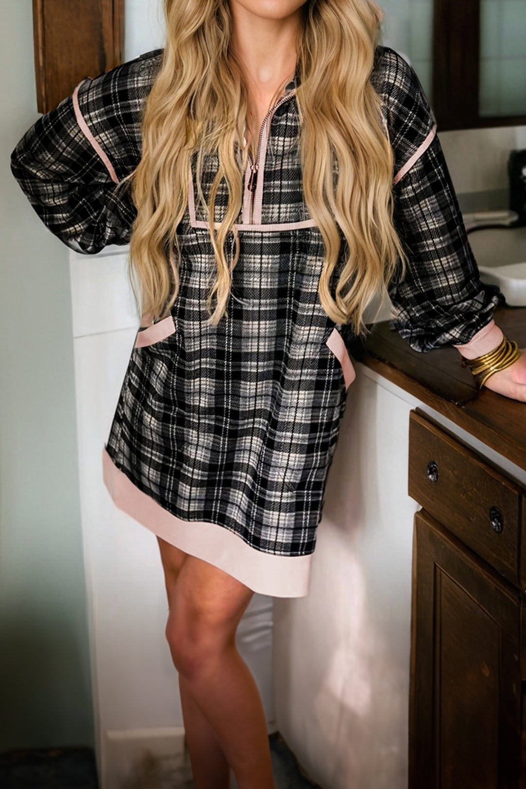 Black Plaid Polo Collar Zip up Contrast Trim Shift Long Sleeve Mini Dress