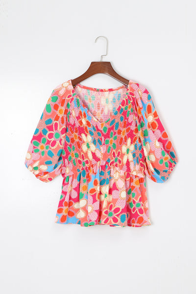 Pink Boho Flower Print Puff Sleeve Peplum Top