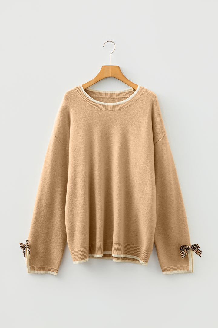 Tan Plus Size Leopard Bow Decor Split Cuffs Loose Sweater