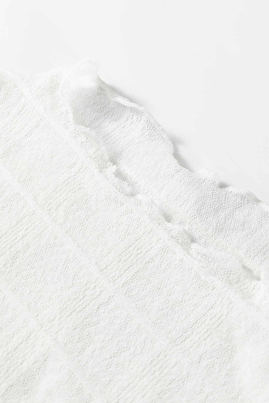 White Sheer Plaid Mesh Lettuce Trim Slim Fit Long Sleeve Top