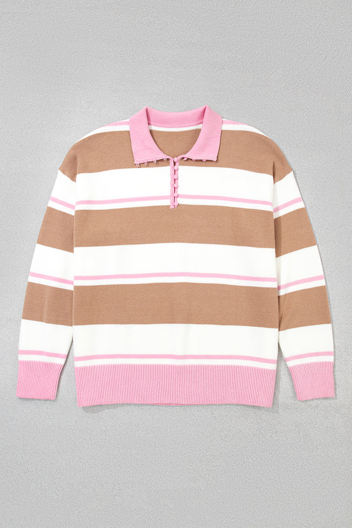 Pink Stripe Striped Colorblock V Neck Long Sleeve Tunic Sweater