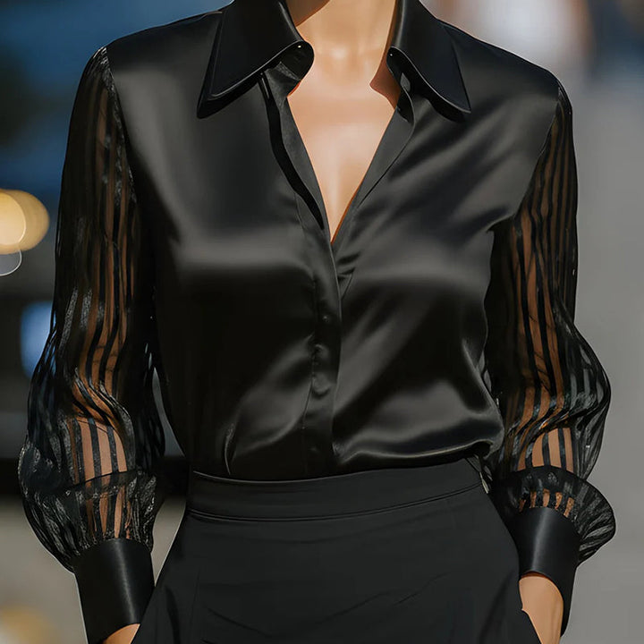 Women’s Satin Lapel Collar Blouse – Sheer Long Sleeve Button-Down Shirt for Office &amp; Spring/Autumn Wear