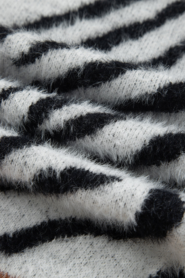 Coffee Western Leopard Zebra Print Long Sleeve Round Neck Sweater