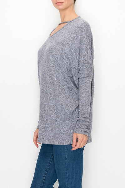 Cutout Front Long Sleeve Top - Grey