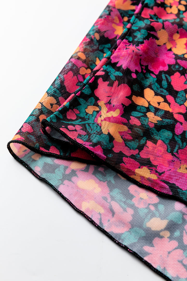 Pink Slim Fit Floral Mesh Long Sleeve Mock Neck Top