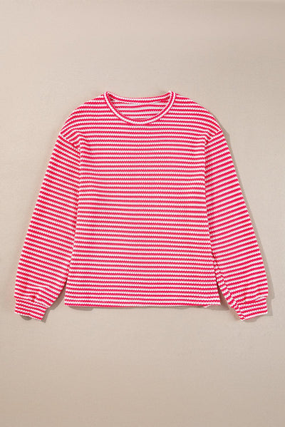 Rose Stripe Round Neck Drop Shoulder Long Sleeve Top