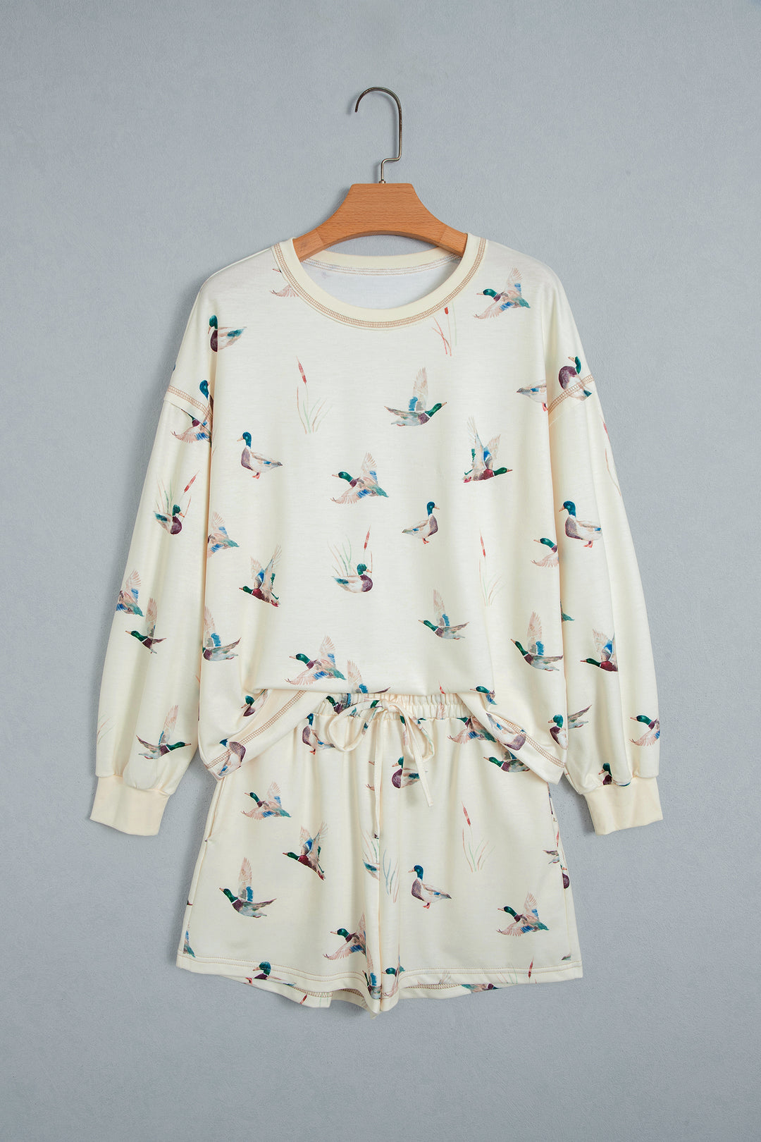 Beige Free Mallard Print Long Sleeve Top Drawstring Short Set