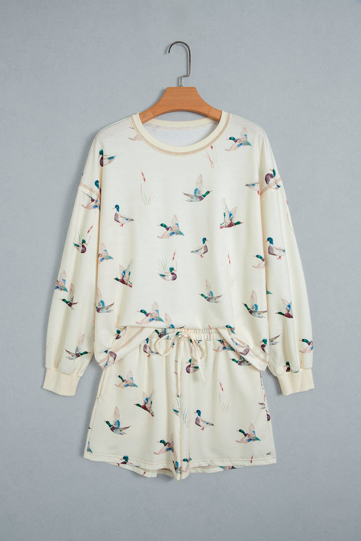 Beige Free Mallard Print Long Sleeve Top Drawstring Short Set