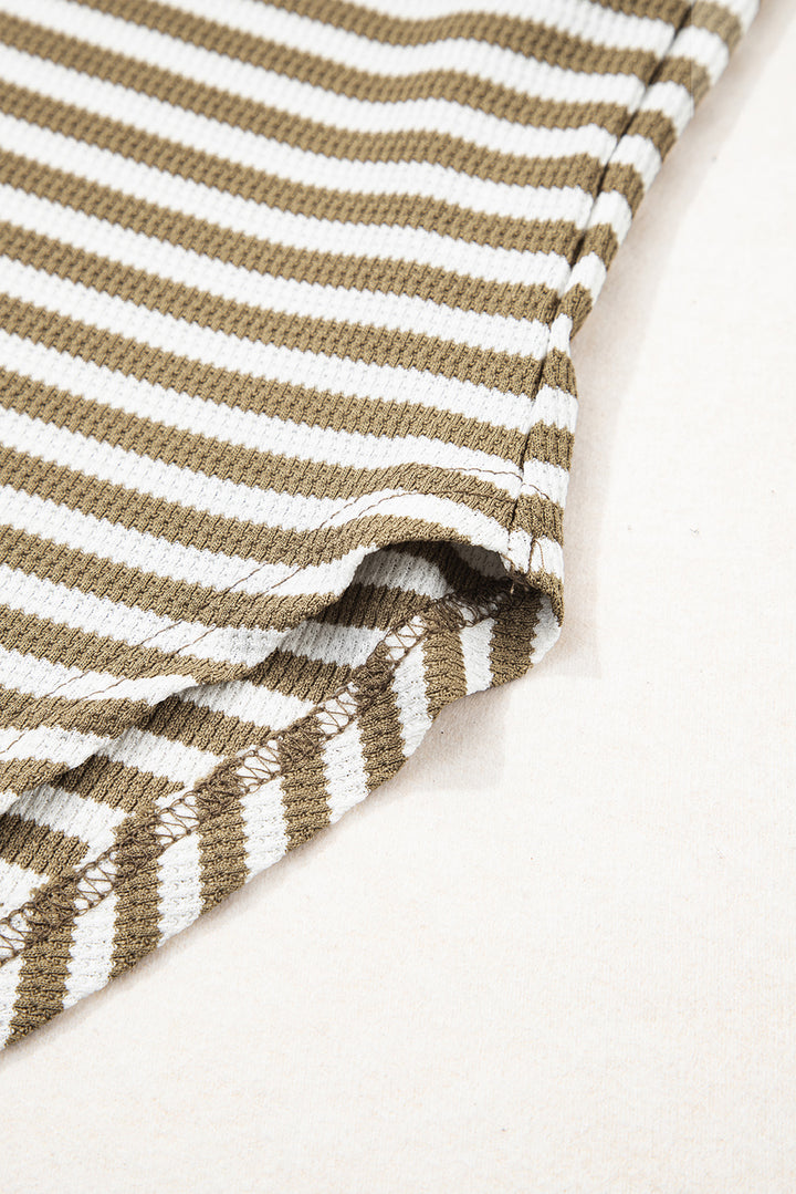 Khaki Stripe Thermal Knit Drop Shoulder Casual Top