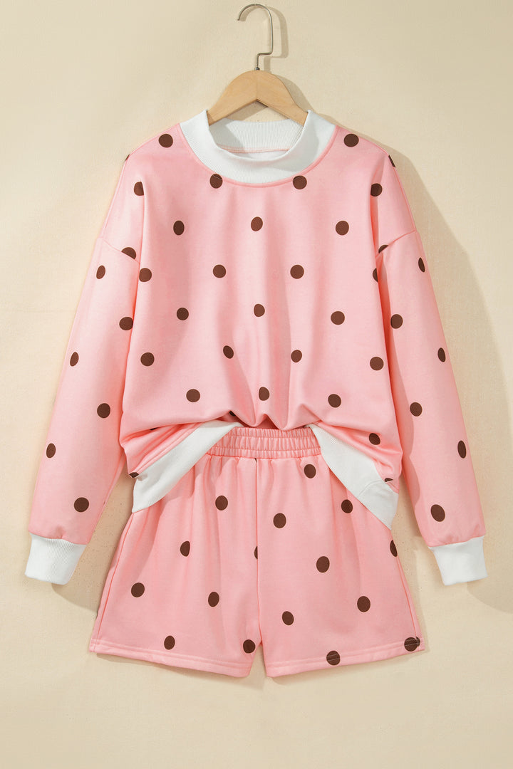Brown Polka Dot Ribbed Trim Long Sleeve Top Casual Short Set