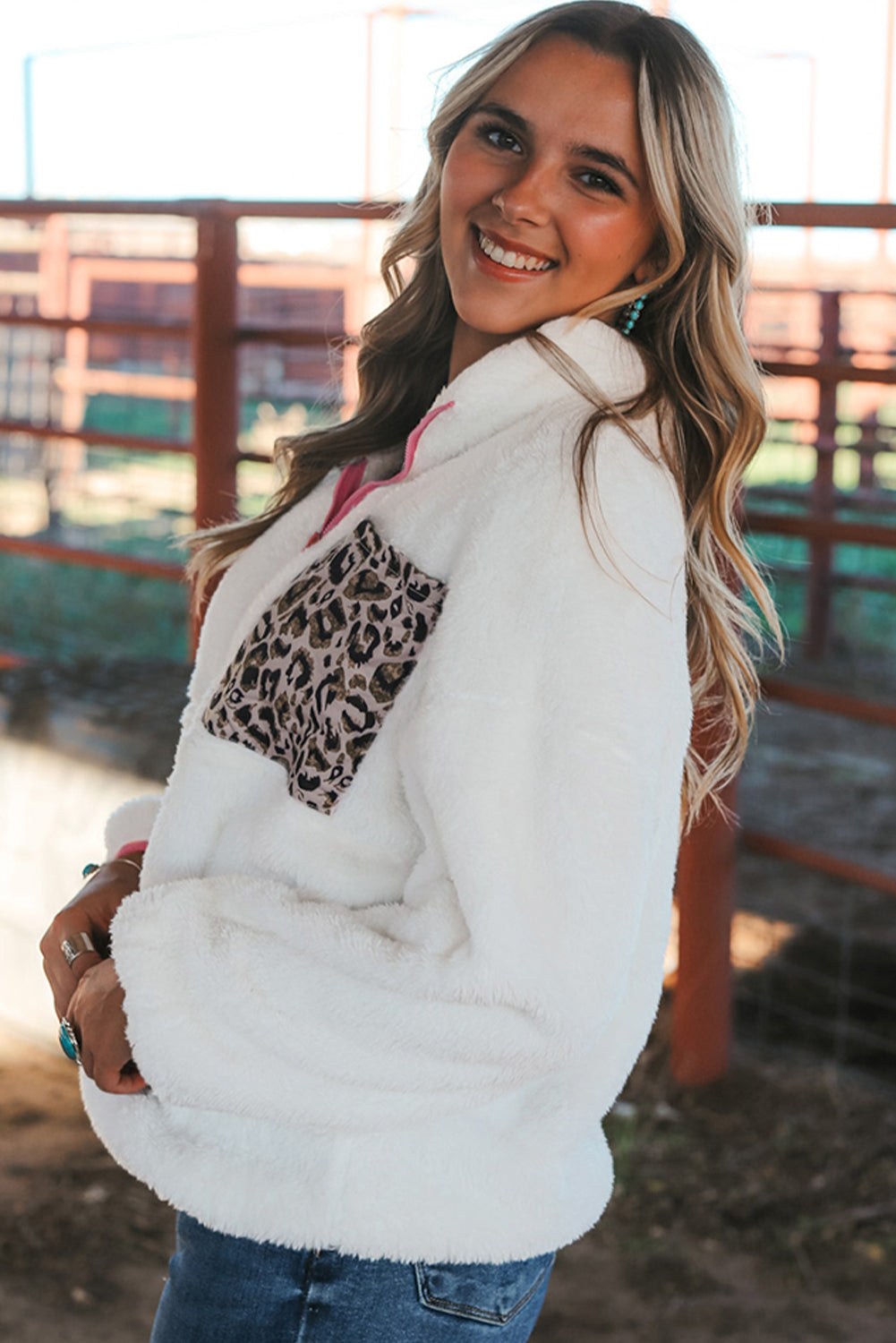 White Leopard Patch Pocket Half Zipped Fleece Sweatshirt