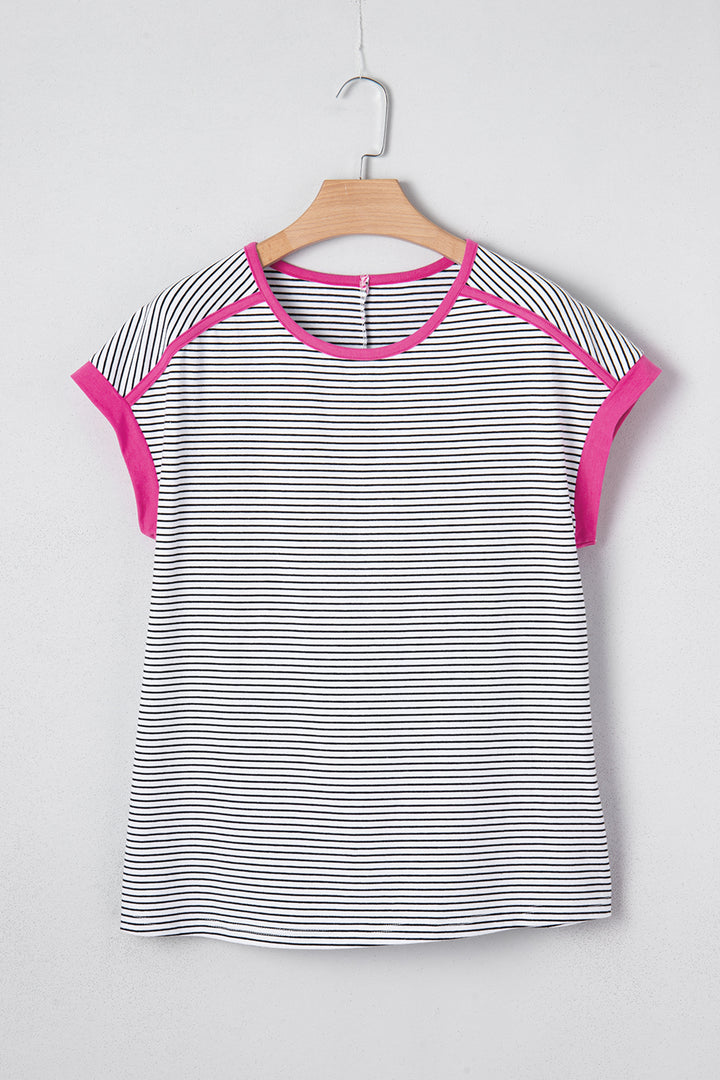 Rose Stripe Contrast Trim Round Neck Summer T Shirt