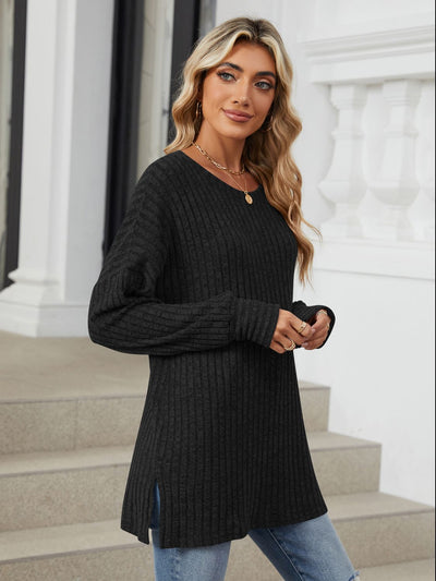 Ribbed Round Neck Long Sleeve T-Shirt