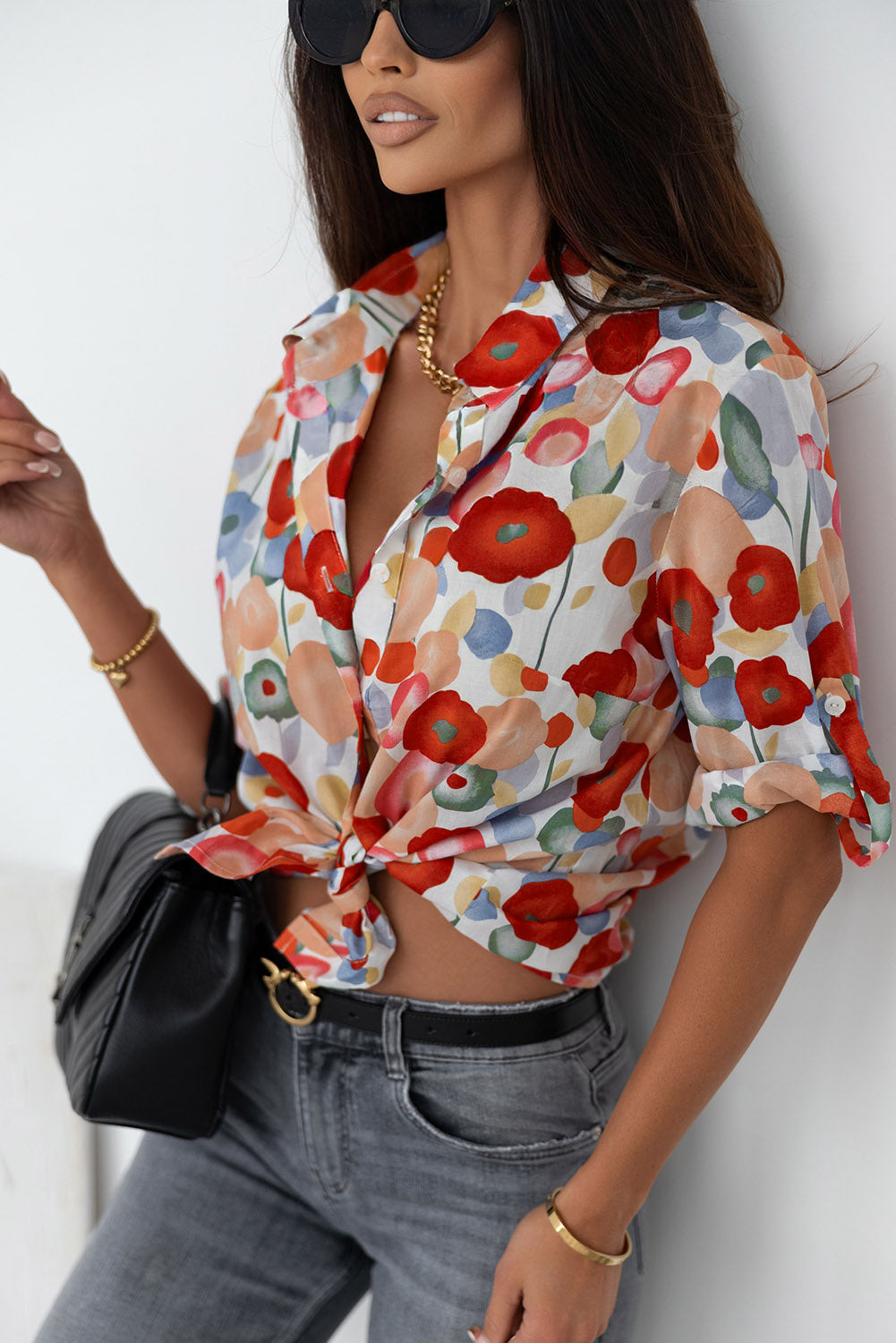 Multicolor Floral Print Bracelet Sleeve Shirt