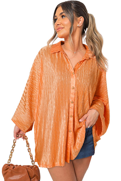 Grapefruit Orange Solid Color Crinkled Wide Sleeve Button up Shirt